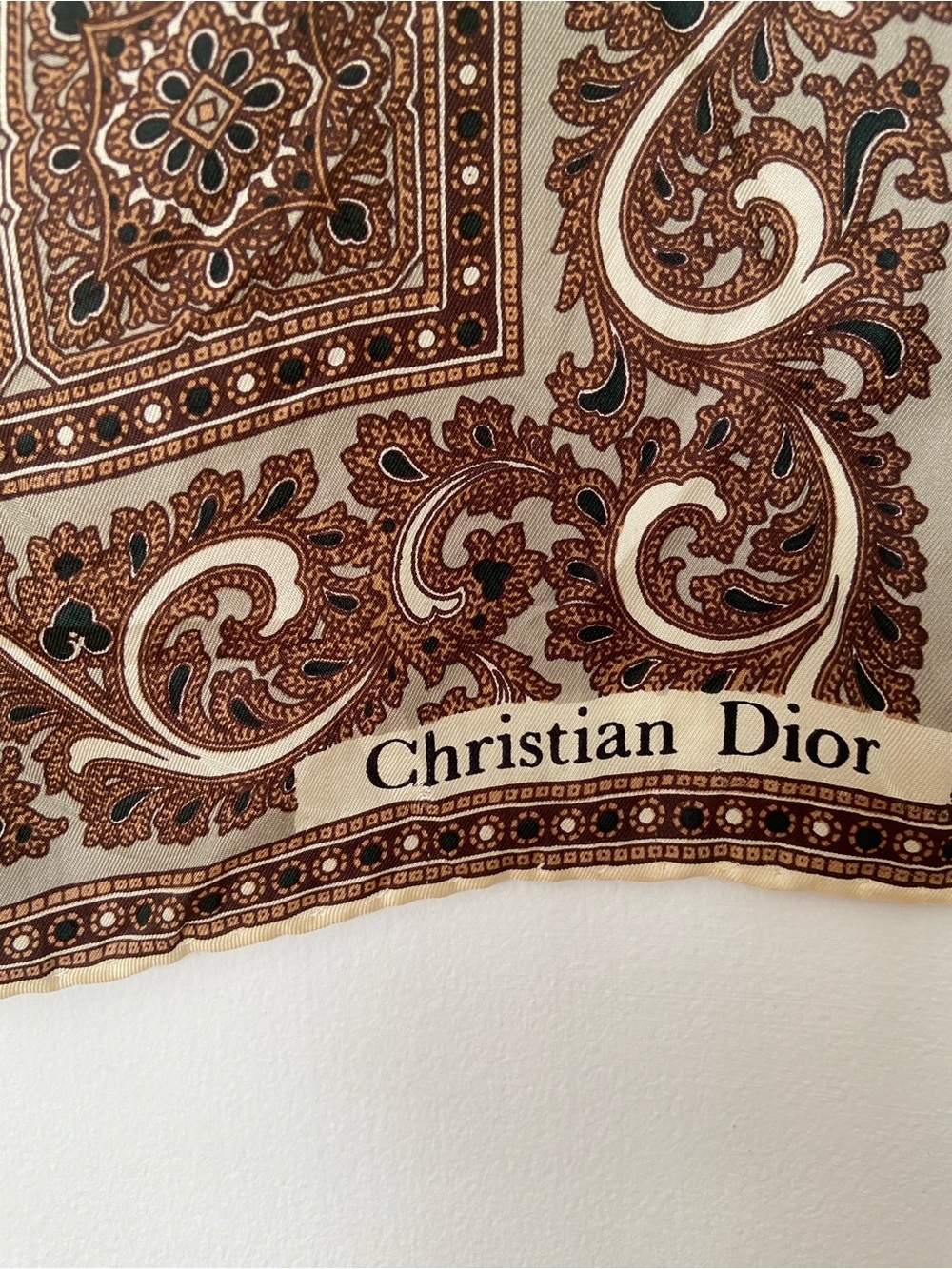 Vintage Christian Dior Silk Scarf Brown Light Green Paisley Print - Picture 6 of 7